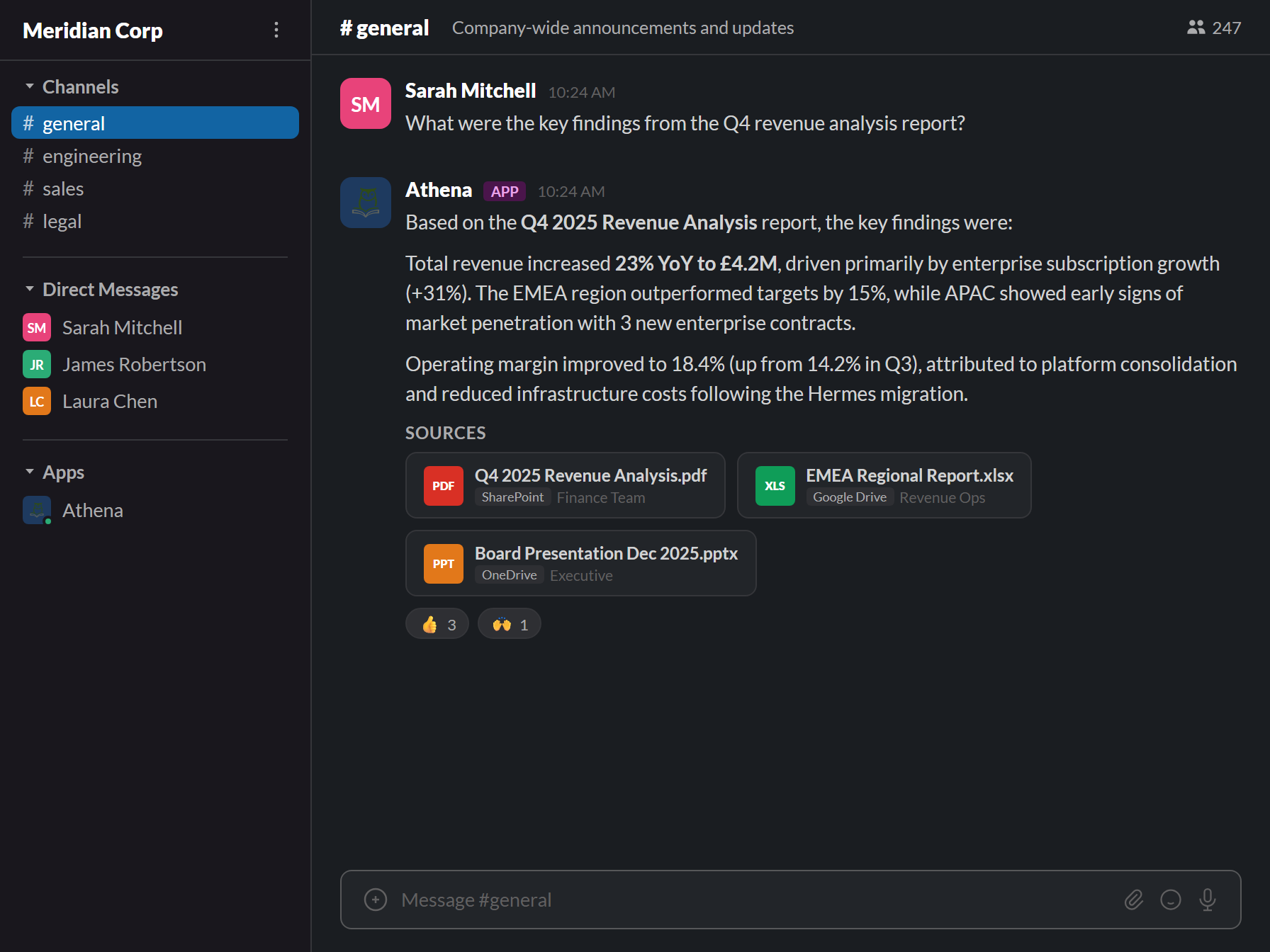 Athena Slack bot answering a question with cited document sources