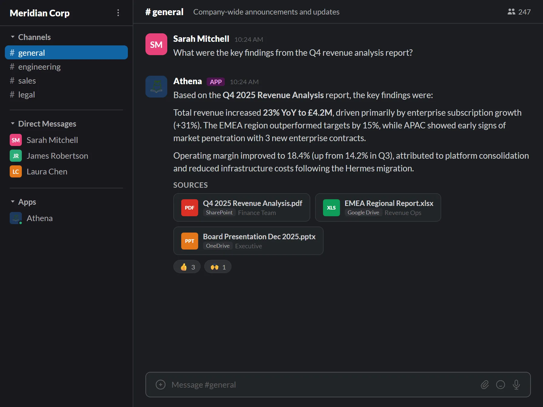 Athena Slack bot answering a question with cited document sources
