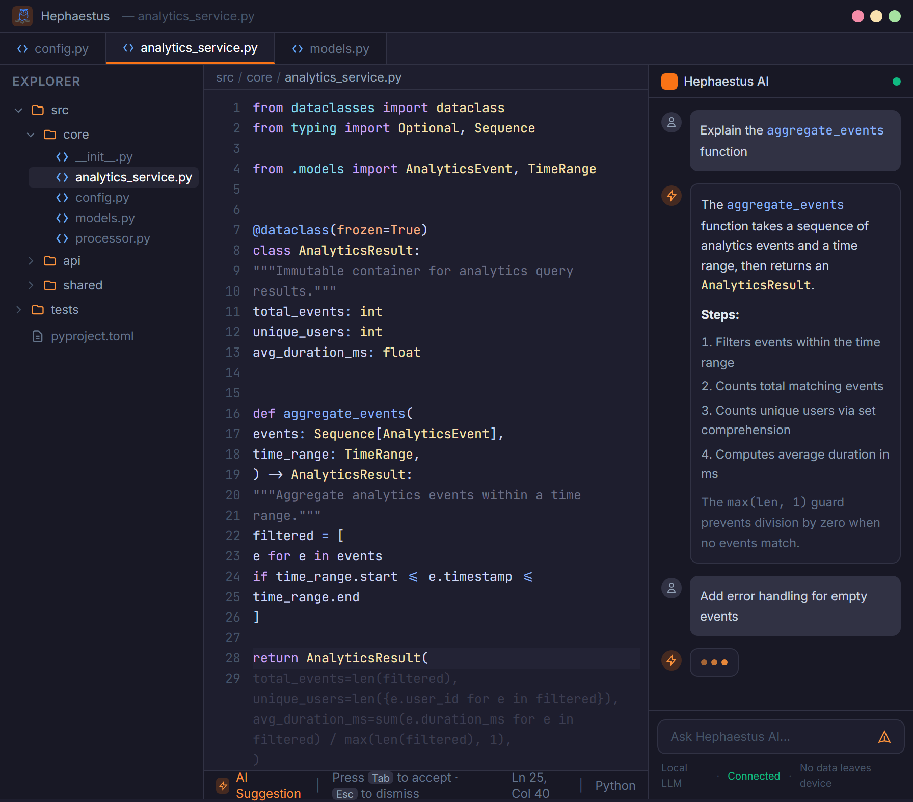 Hephaestus IDE with inline AI code suggestion