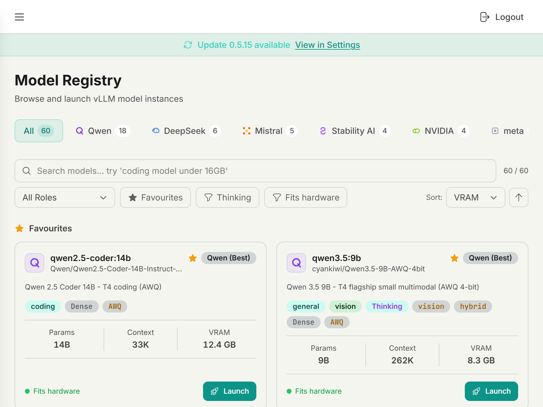 Model registry: browsable catalogue with hardware fit